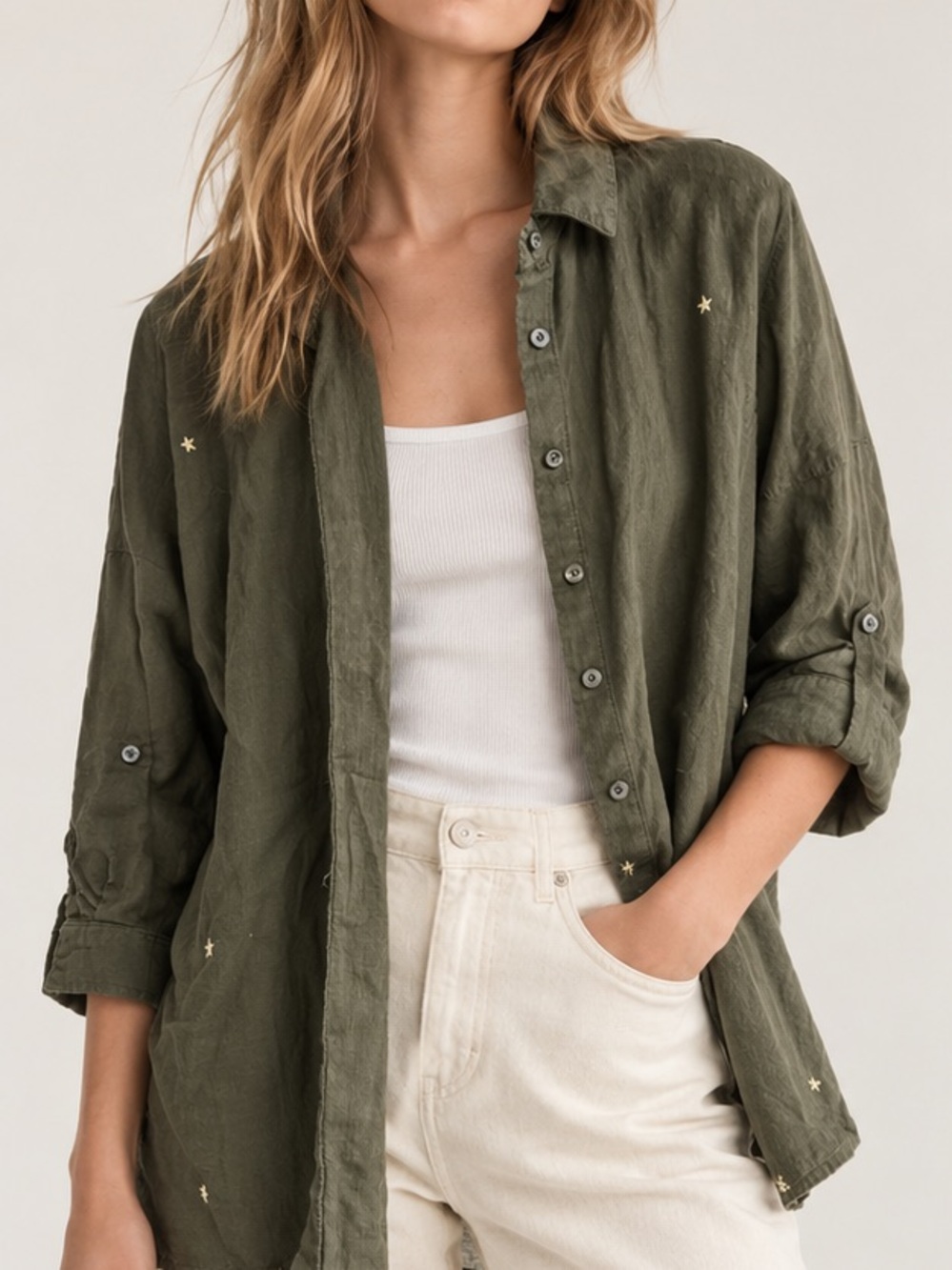 Zara Olive Green Star-Embellished Button-Front Shirt Jacket